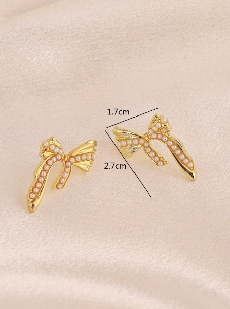 Graceful Gold Ribbon Pearl Earrings - SubhagAlankar