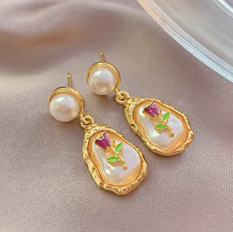 Baroque Pearl Floral Dangle Earrings - SubhagAlankar