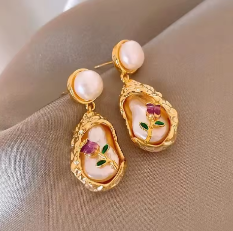Baroque Pearl Floral Dangle Earrings - SubhagAlankar