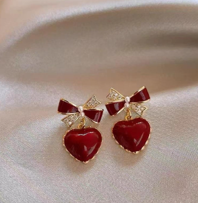 Elegant Red Bow Heart Drop Earring