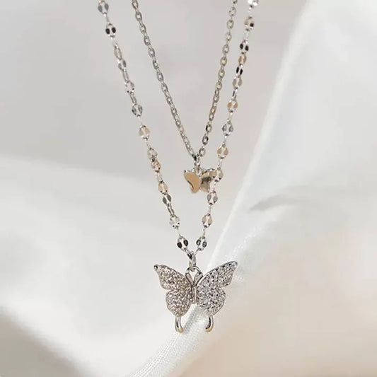Rhinestone-Studded Butterfly Duo Chain Necklace - Silver - SubhagAlankar