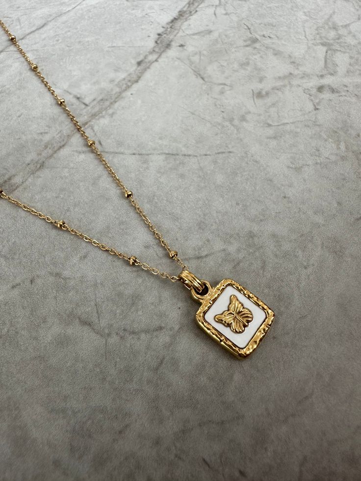Golden Butterfly Square Pendant Necklace