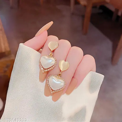 Opal's Double Heart Pearl Drop Earrings - SubhagAlankar