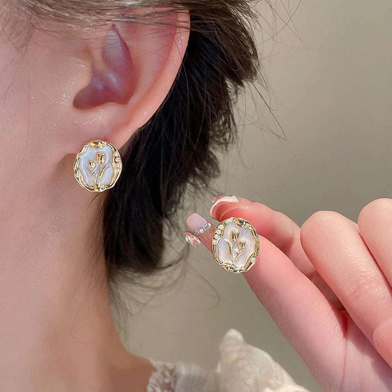 White Tulip Enamel Stud Earrings - SubhagAlankar