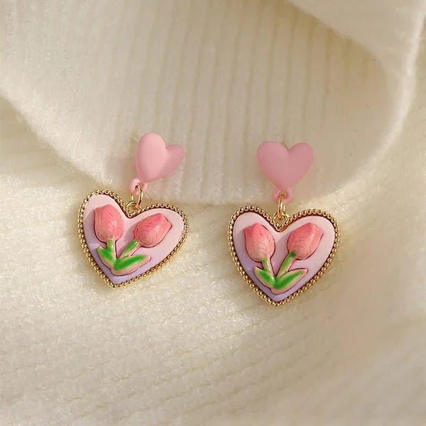 Pink Heart Tulip Drop Earring - SubhagAlankar