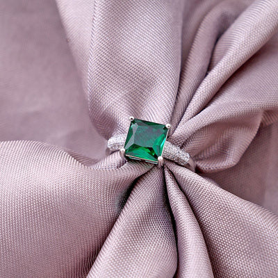 Radiant Green Square Stone Silver Ring - SubhagAlankar