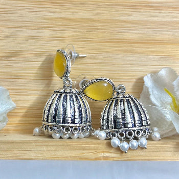 Raas Silver Jhumka - Yellow - SubhagAlankar