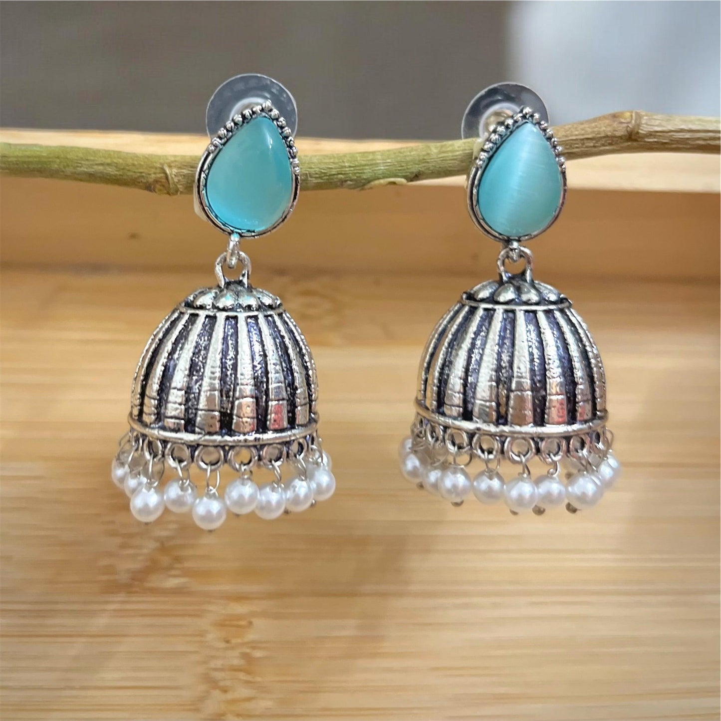 Raas Silver Jhumka - Baby Blue - SubhagAlankar