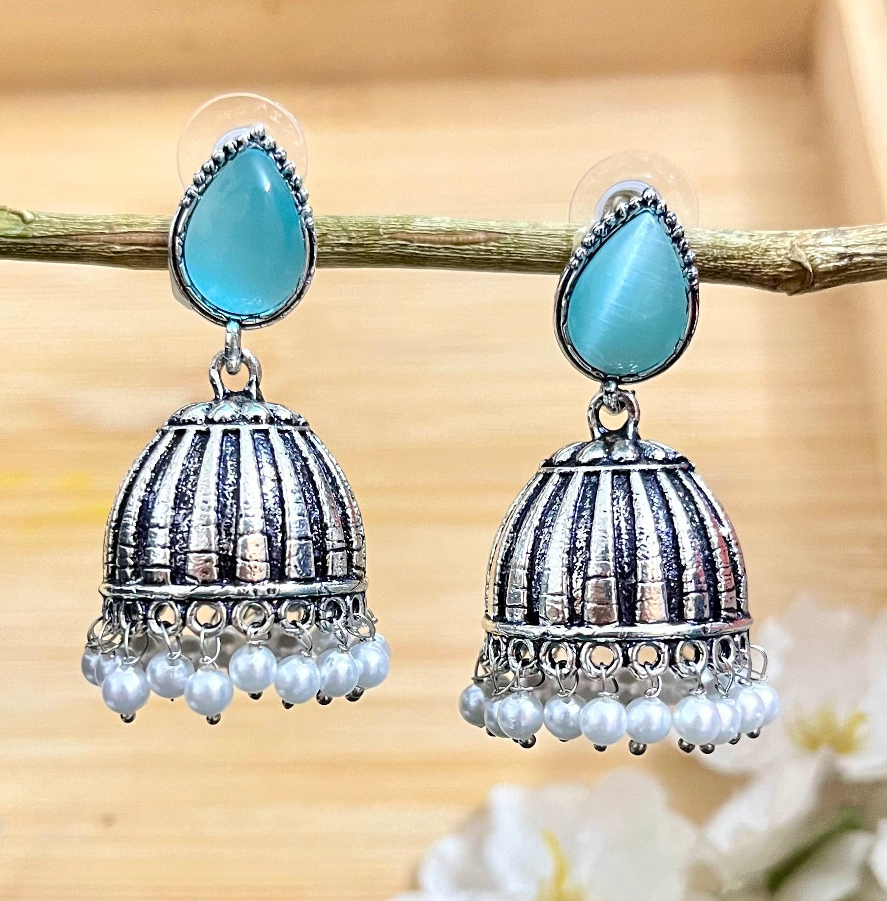 Raas Silver Jhumka - Baby Blue - SubhagAlankar
