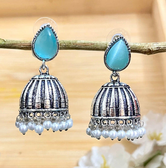 Raas Silver Jhumka - Baby Blue - SubhagAlankar