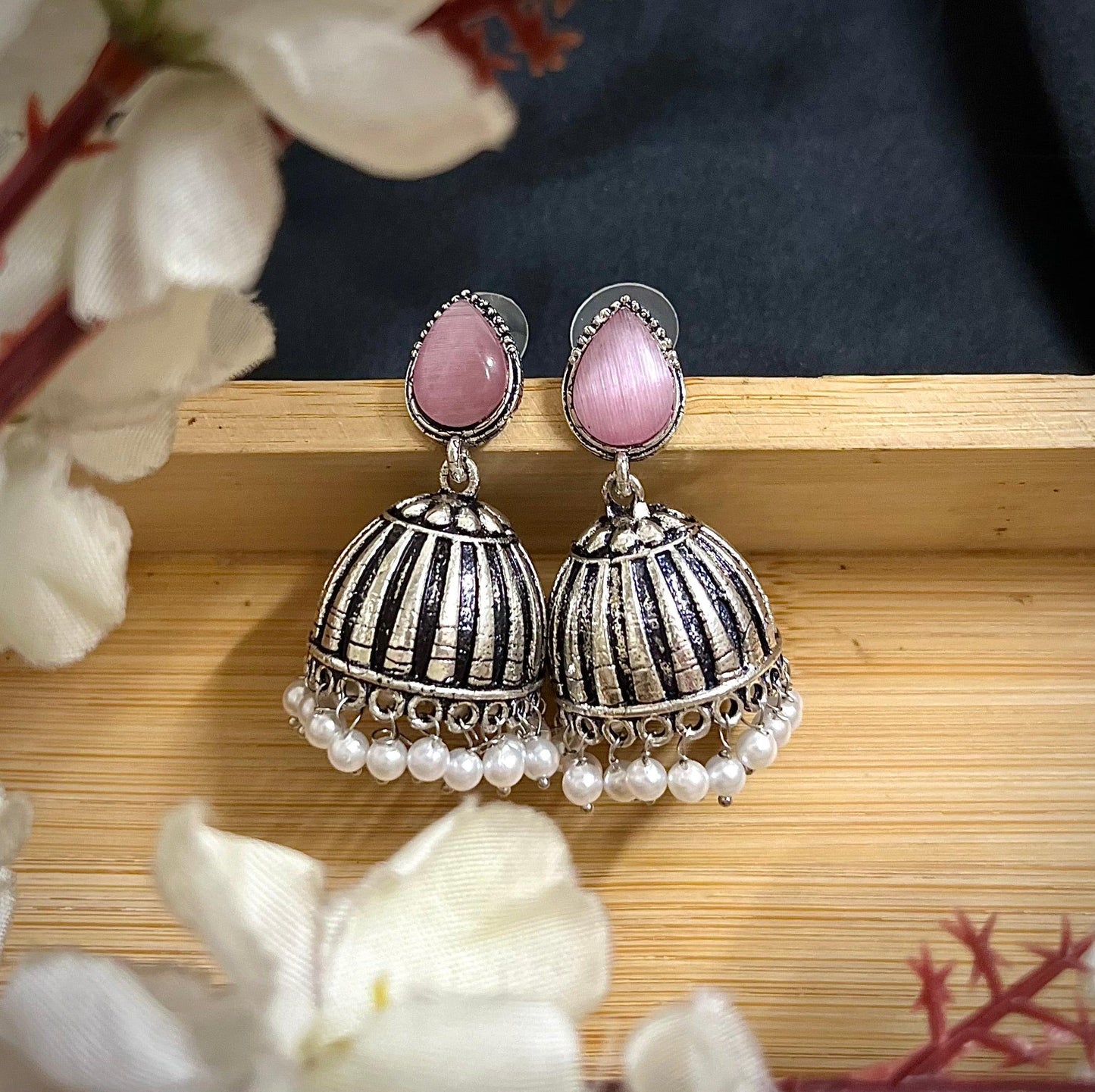 Raas Silver Jhumka - Baby Pink - SubhagAlankar