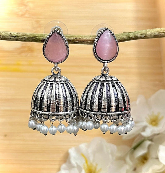 Raas Silver Jhumka - Baby Pink - SubhagAlankar
