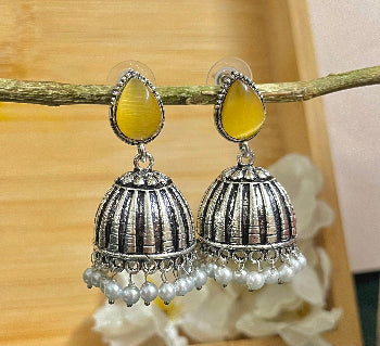 Raas Silver Jhumka - Yellow - SubhagAlankar