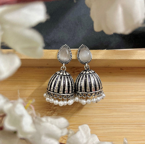 Raas Silver Jhumka - White - SubhagAlankar