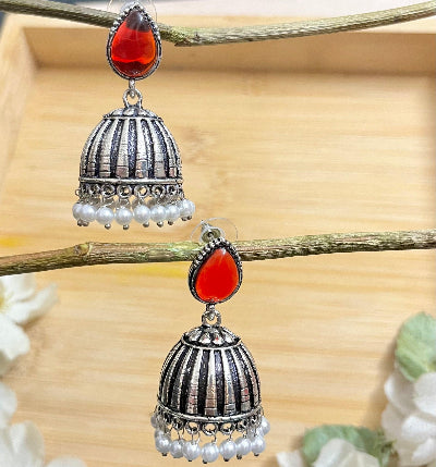 Raas Silver Jhumka - Red - SubhagAlankar