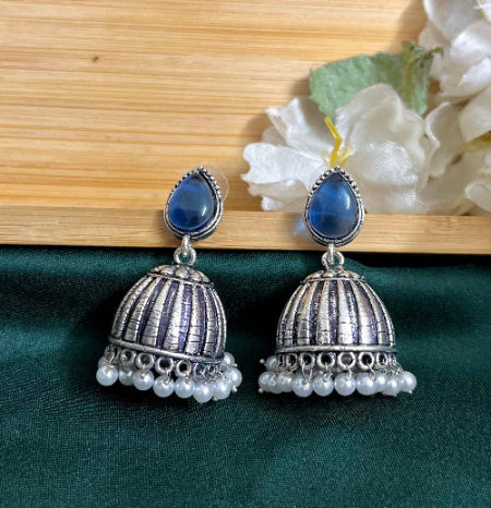Raas Silver Jhumka - Blue - SubhagAlankar