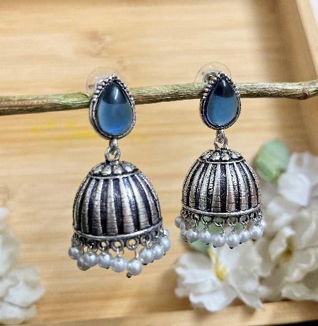 Raas Silver Jhumka - Blue - SubhagAlankar