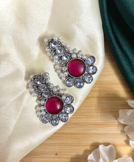 Ambika Silver Plated Drop- Rani Pink - SubhagAlankar