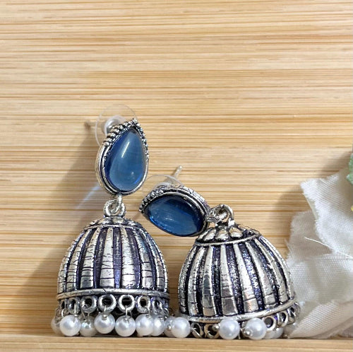 Raas Silver Jhumka - Blue - SubhagAlankar