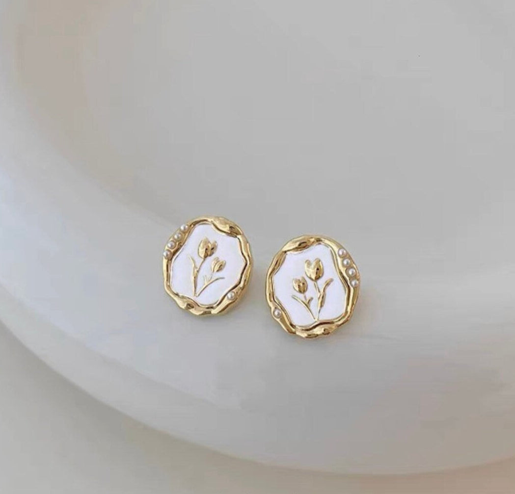 White Tulip Enamel Stud Earrings - SubhagAlankar