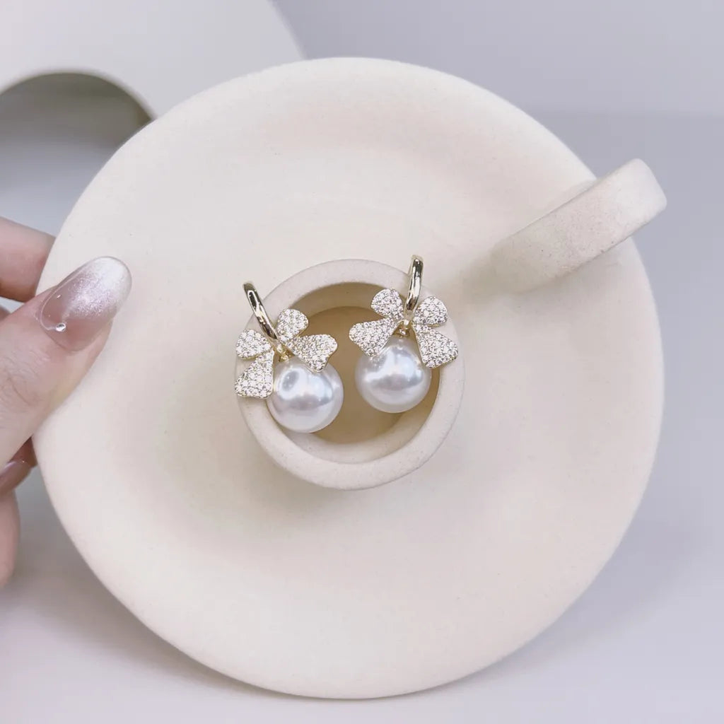 Korean Bow Pearl Stud Earring - SubhagAlankar