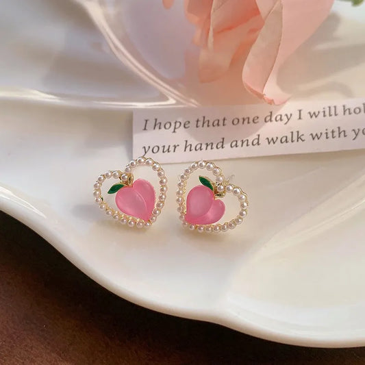 Pink Pearl-Heart Peach Earrings - SubhagAlankar