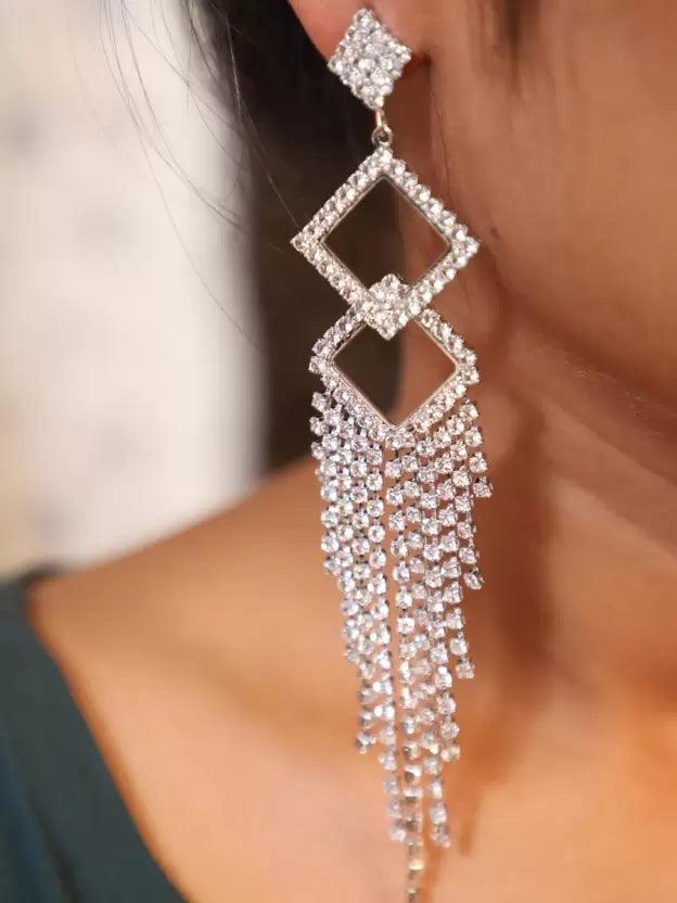 Rhinestone Diamond Shaped Tassel Earring - SubhagAlankar