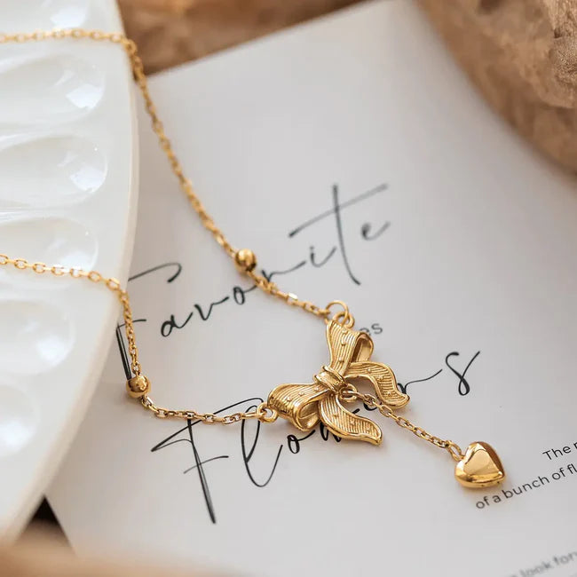 Gold Plated Bow Knot Heart Necklace - SubhagAlankar