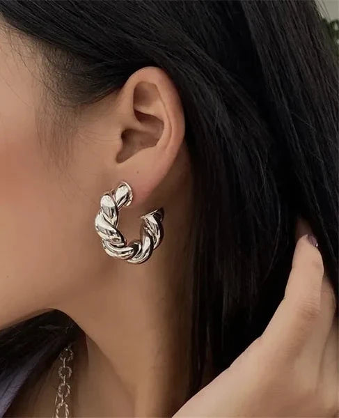 Classic Silver Twisted Half Hoop Earring - SubhagAlankar