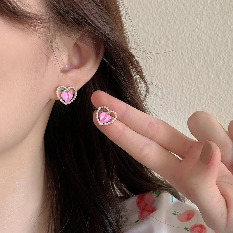 Pink Pearl-Heart Peach Earrings - SubhagAlankar