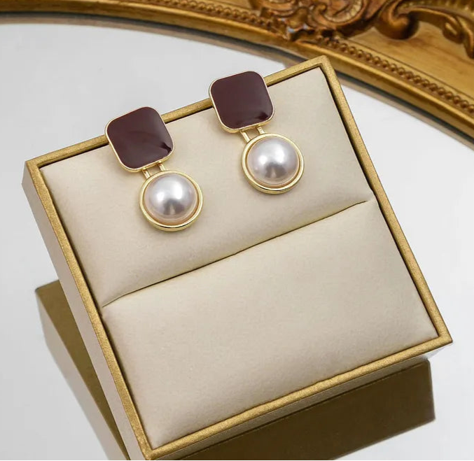 Red Square Pearl Drop Earrings - SubhagAlankar