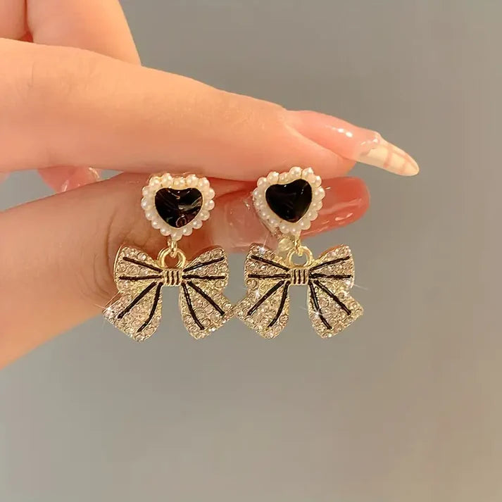 Black Bow Heart Drop Earring - SubhagAlankar