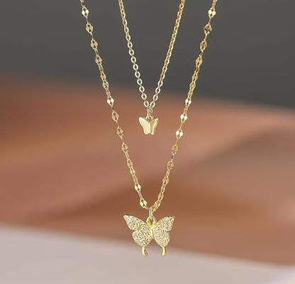 Rhinestone-Studded Butterfly Duo Chain Necklace - Gold - SubhagAlankar