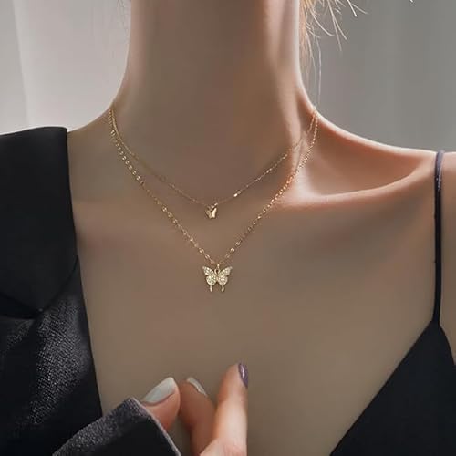 Rhinestone-Studded Butterfly Duo Chain Necklace - Gold - SubhagAlankar