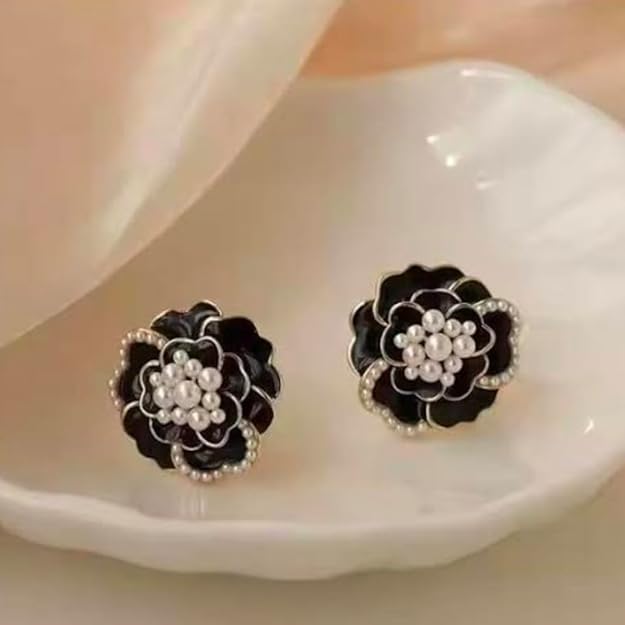 Black Enamel Rose Stud