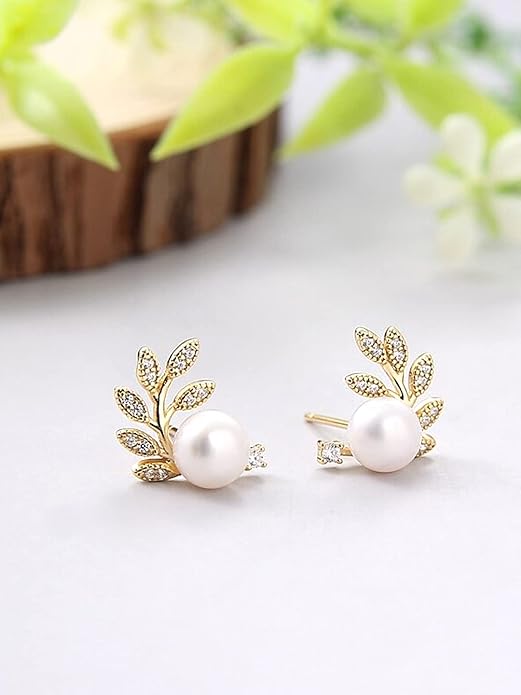 Gold Tone Leaflet Designed Pearl Stud