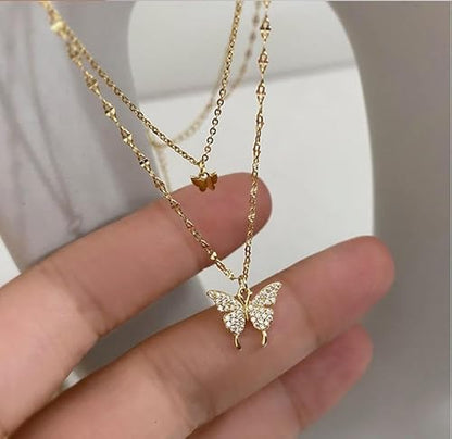 Rhinestone-Studded Butterfly Duo Chain Necklace - Gold - SubhagAlankar
