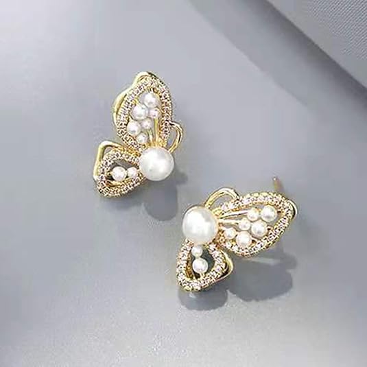 Elegant Butterfly Pearl Stone Stud