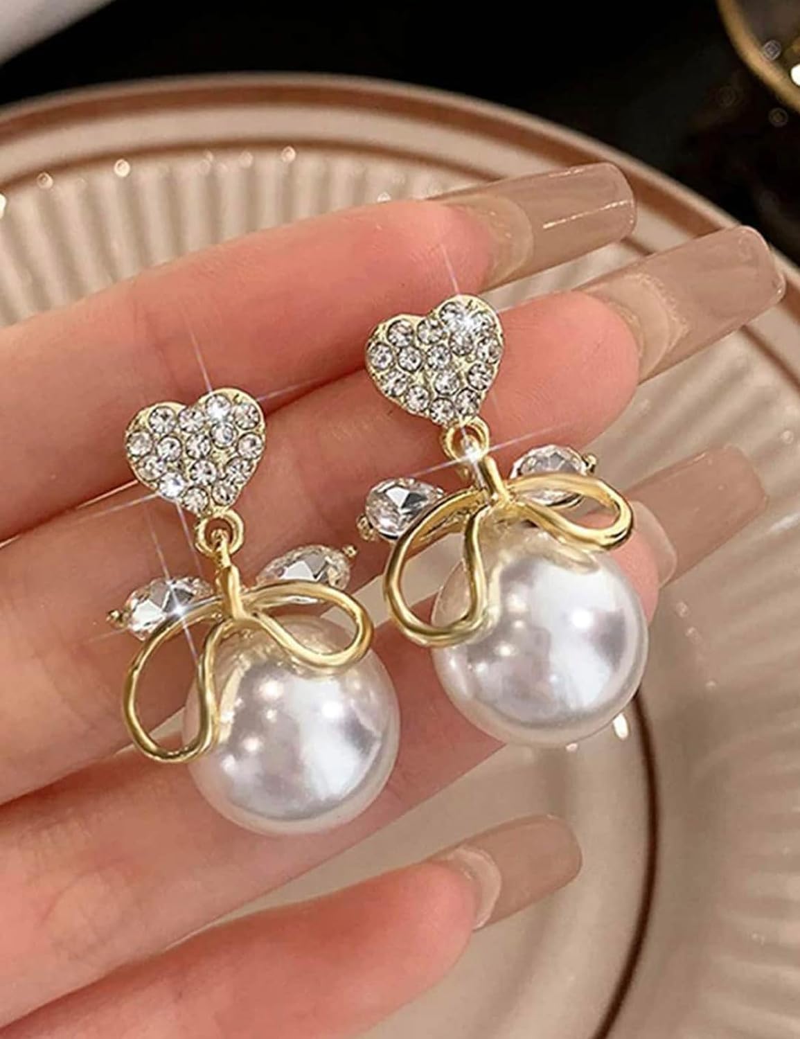 Cinderella Bow Heart Pearl Stud