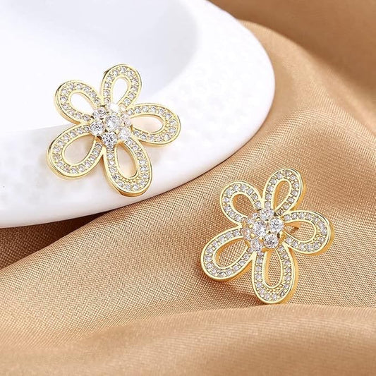 Rhinestone Hollow Flower Petal Earrings-GOLD