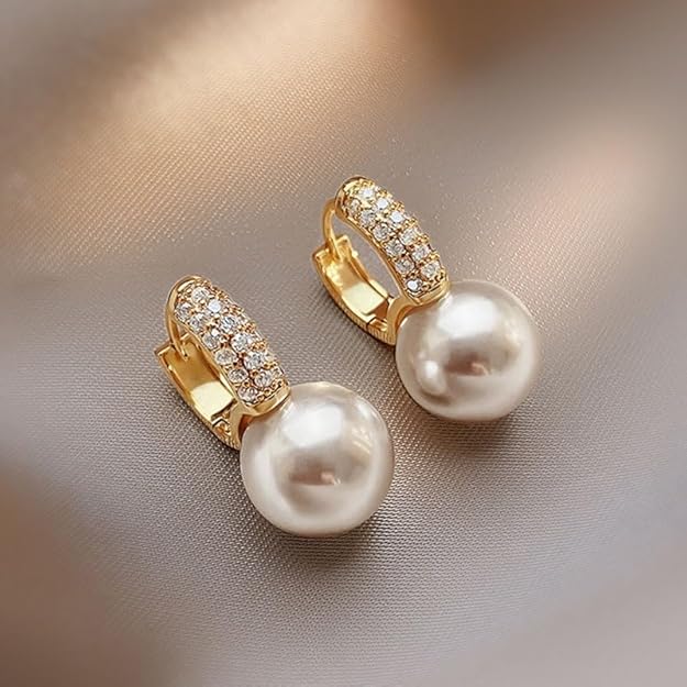 Gold Plated Pearl Stone Huggie Earring