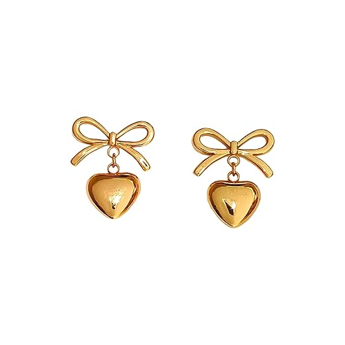 Elegant Golden Bow Heart Drop Earring