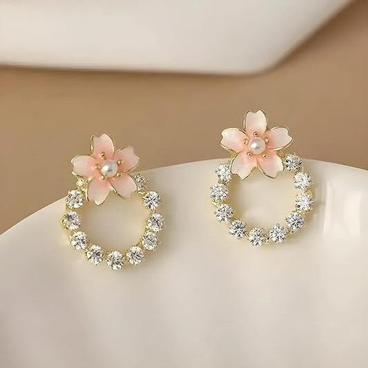 Pink Floral Crystal Round Studs