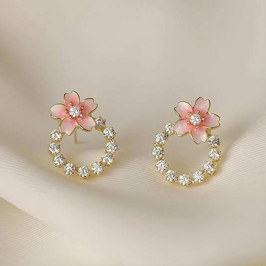 Pink Floral Crystal Round Studs