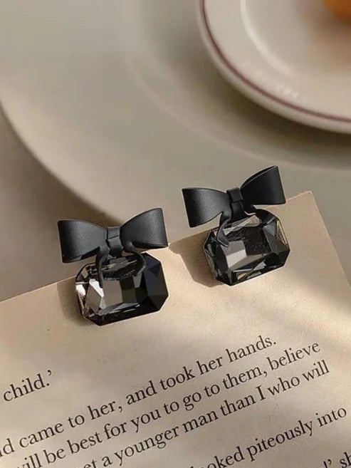 Black Bow Stone Stud Earrings