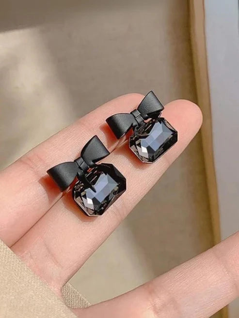 Black Bow Stone Stud Earrings