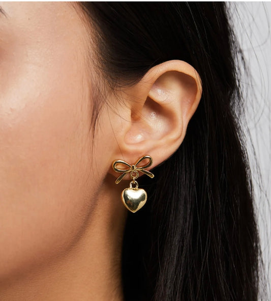 Elegant Golden Bow Heart Drop Earring