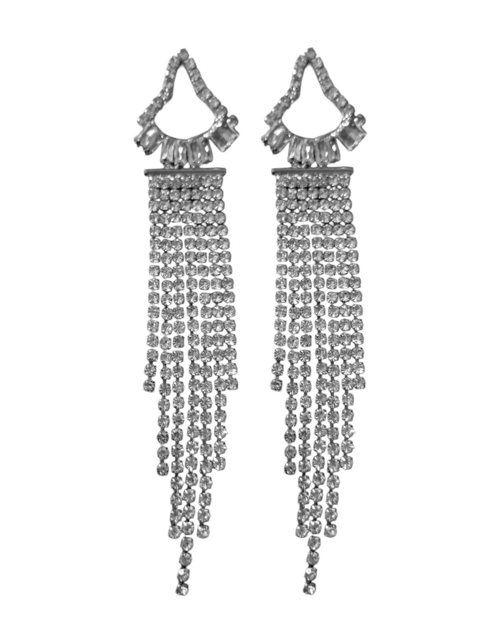 Rhinestone Triangular Long Tassel Earrings -Silver