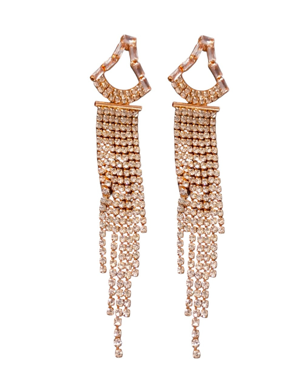 Rhinestone Triangular Long Tassel Earrings - Rose Gold