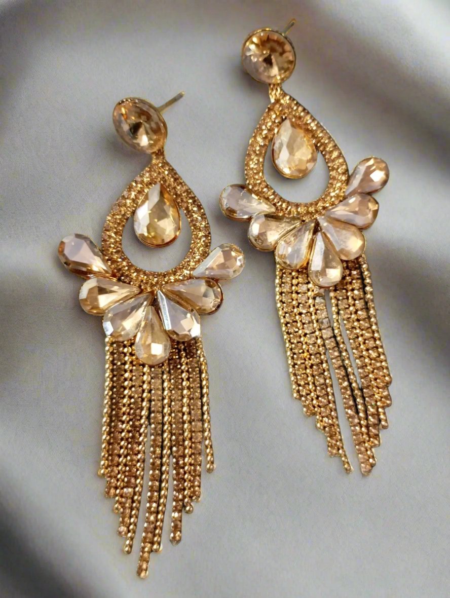 Gold Teardrop Crystal Tassel Earring - SubhagAlankar